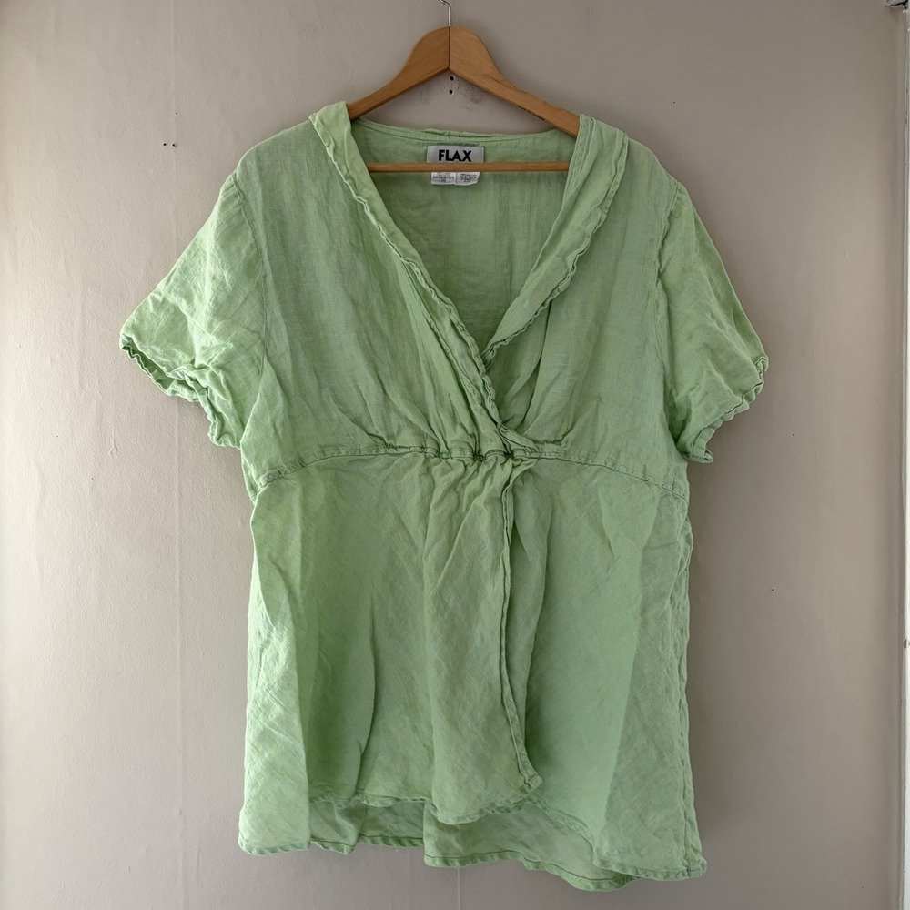 Flax Womens Linen Faux Wrap Top Size L Green Spring Summer Feminine Fairycore